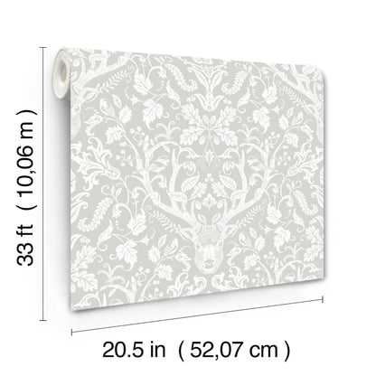 Gray wallpaper roll with white antler damask pattern; 20.5 in x 33 ft.