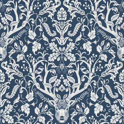 York Wallcoverings Chesapeake Kiwassa Navy Antler Damask Wallpaper Animals Lodge Navy  Wallpaper - 4169-12703