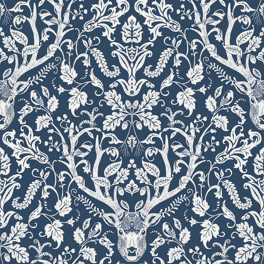 York Wallcoverings Chesapeake Kiwassa Navy Antler Damask Wallpaper Animals Lodge Navy  Wallpaper - 4169-12703