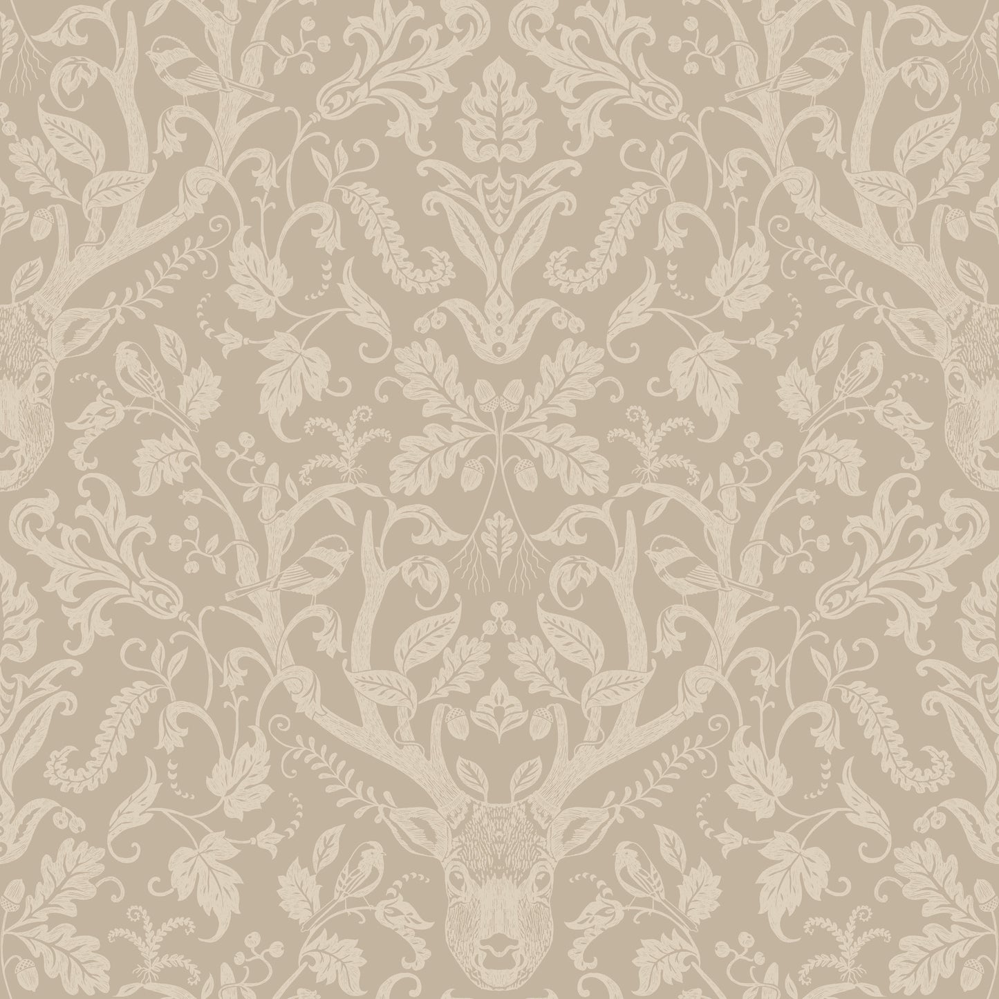 Light brown damask wallpaper with a central white antler motif and ornate botanical motifs.