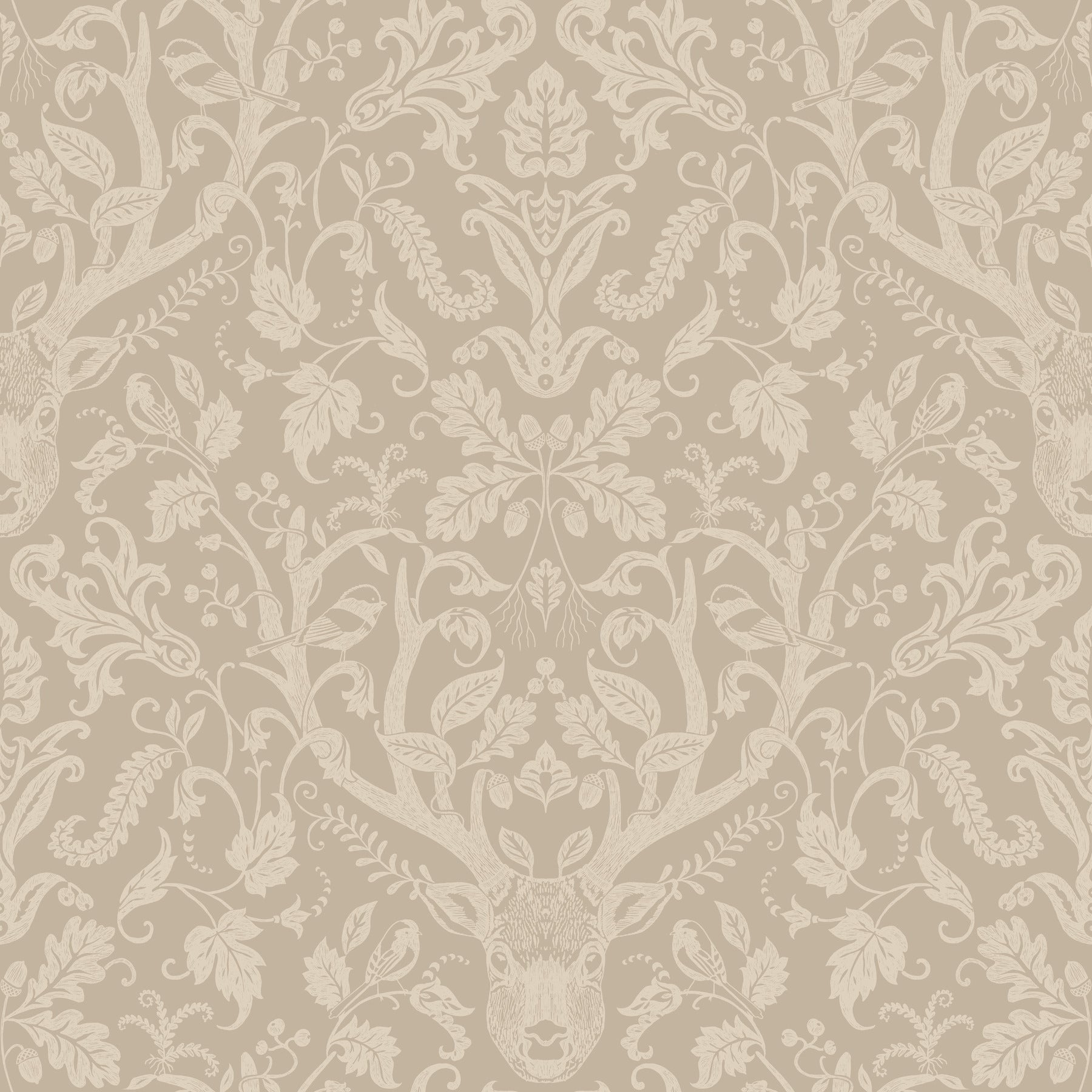Light brown damask wallpaper with a central white antler motif and ornate botanical motifs.