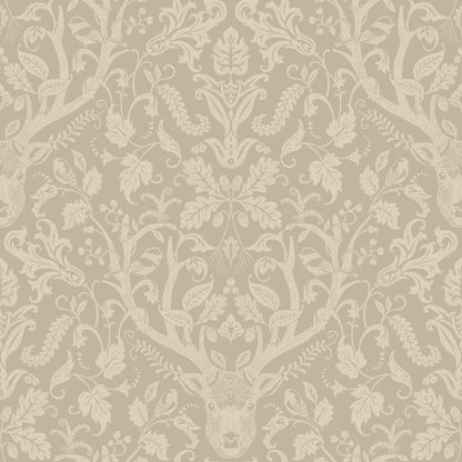 Light brown damask wallpaper with a central white antler motif and ornate botanical motifs.