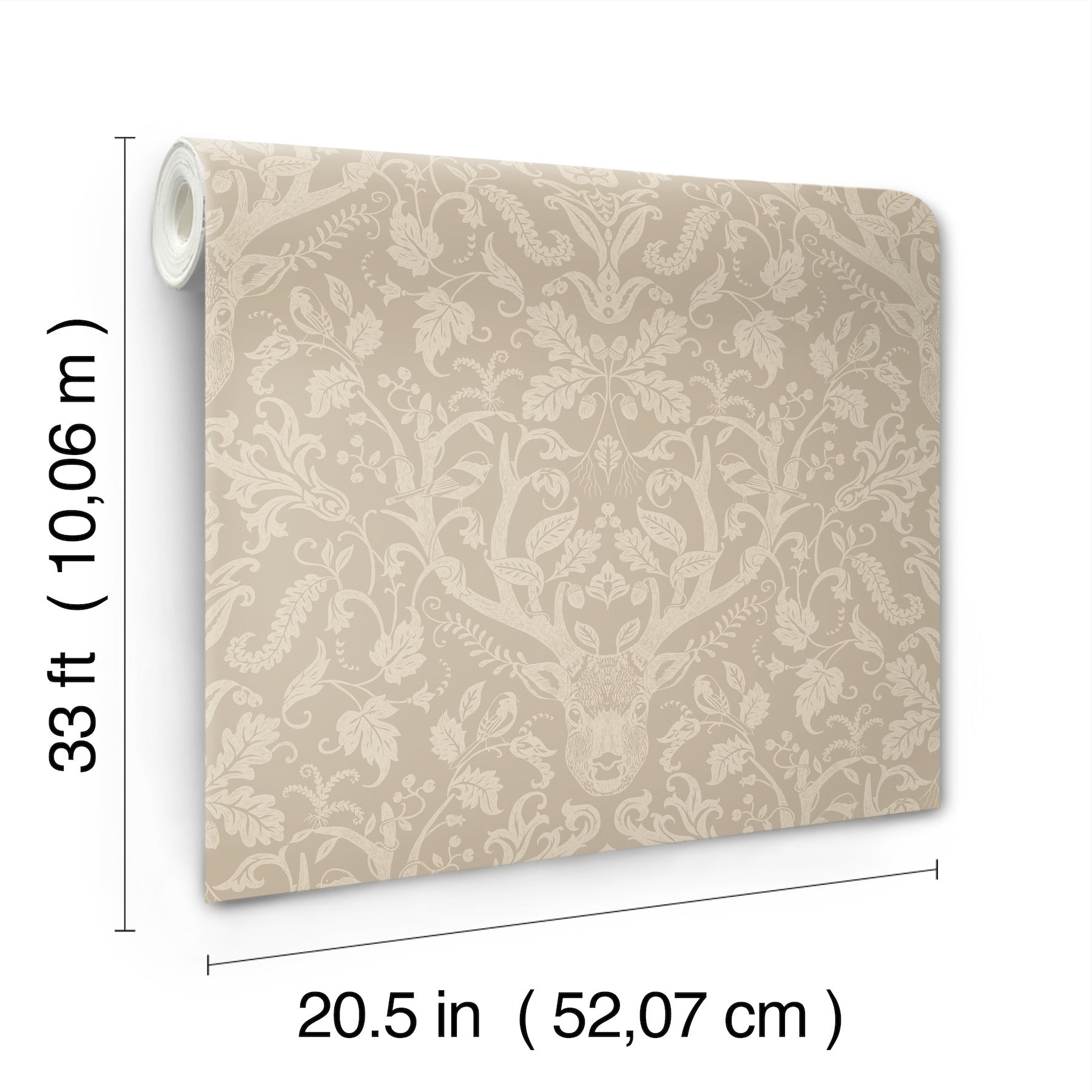 Beige damask wallpaper with deer head and antlers motif, rolled sheet, 20.5 in wide x 33 ft long (10.06 m)