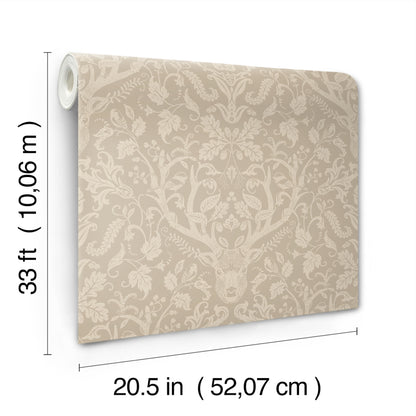 Beige damask wallpaper with deer head and antlers motif, rolled sheet, 20.5 in wide x 33 ft long (10.06 m)