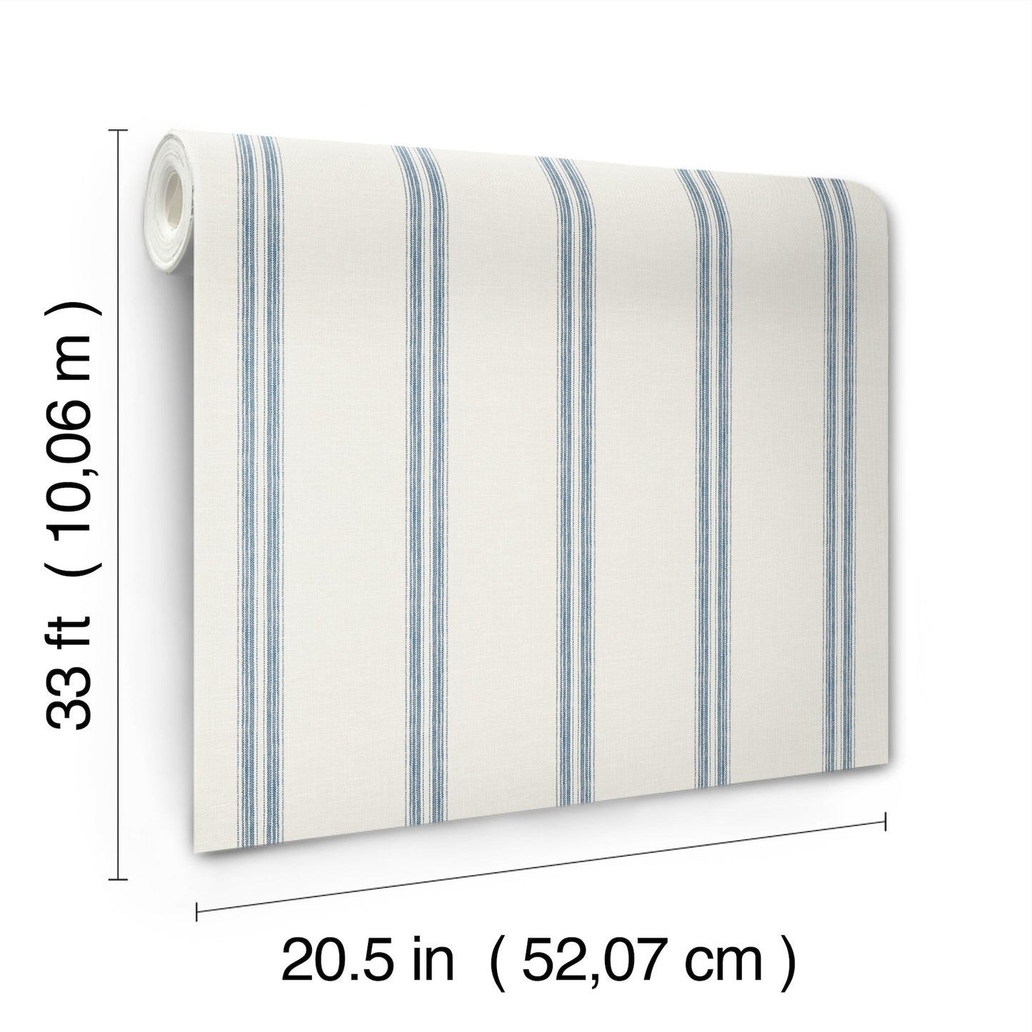 Roll of white wallpaper with blue vertical stripes; classic striped pattern, 20.5 in wide by 33 ft long.