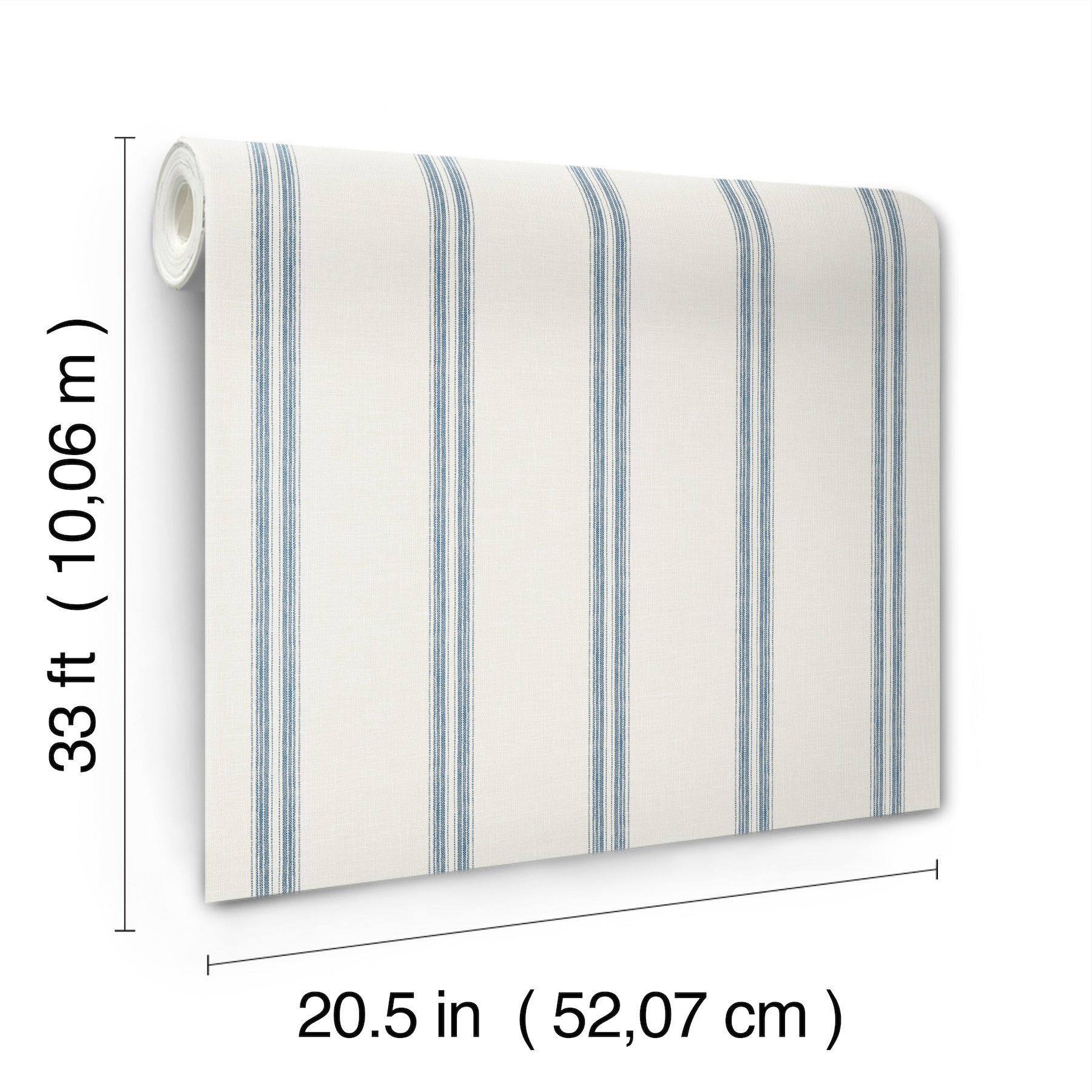 Roll of white wallpaper with blue vertical stripes; classic striped pattern, 20.5 in wide by 33 ft long.
