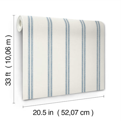 Roll of white wallpaper with blue vertical stripes; classic striped pattern, 20.5 in wide by 33 ft long.