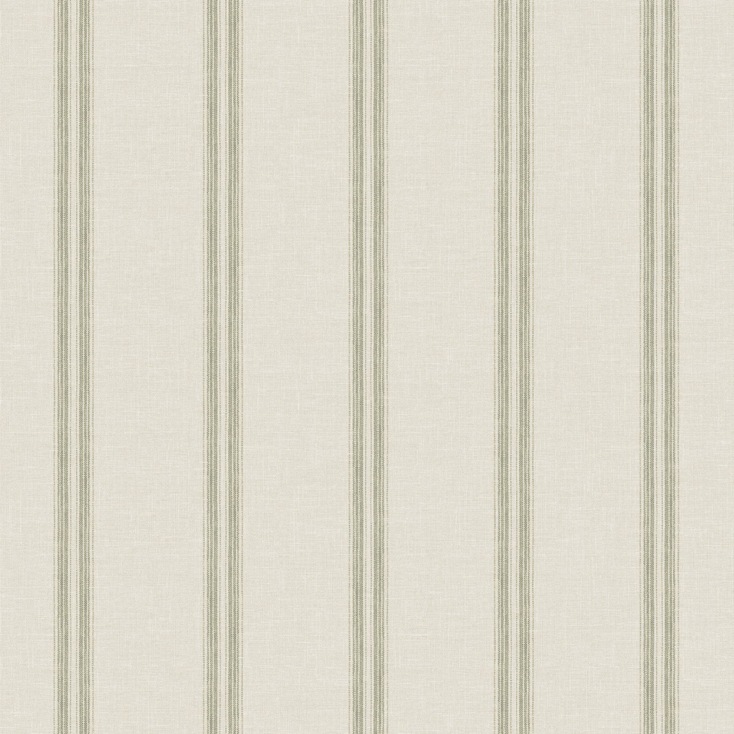 Beige wallpaper with vertical green stripes; narrow multi-line stripe pattern for a classic cottage look.