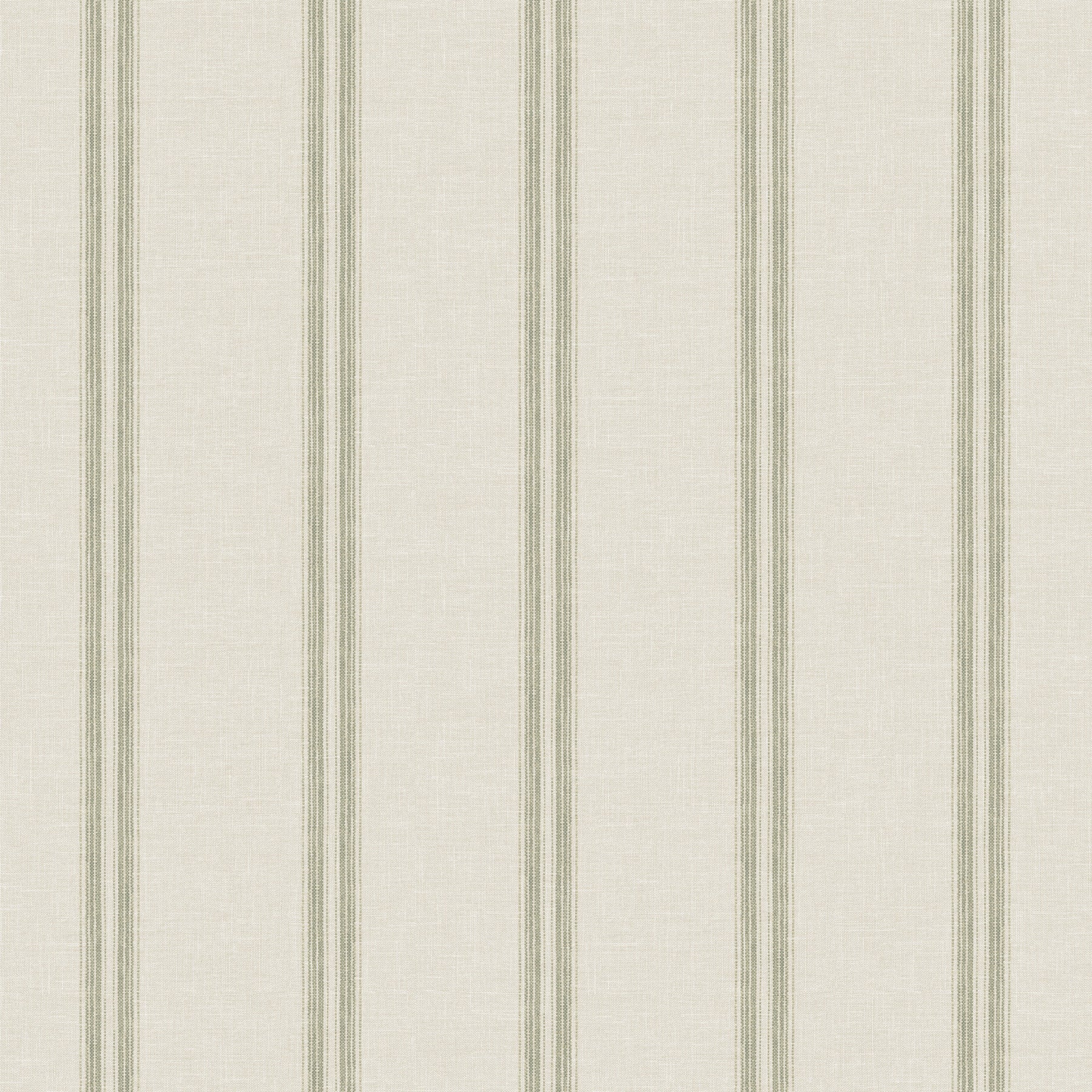 Beige wallpaper with vertical green stripes; narrow multi-line stripe pattern for a classic cottage look.