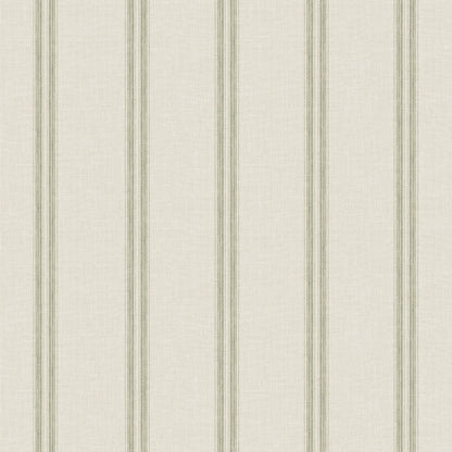 Beige wallpaper with vertical green stripes; narrow multi-line stripe pattern for a classic cottage look.