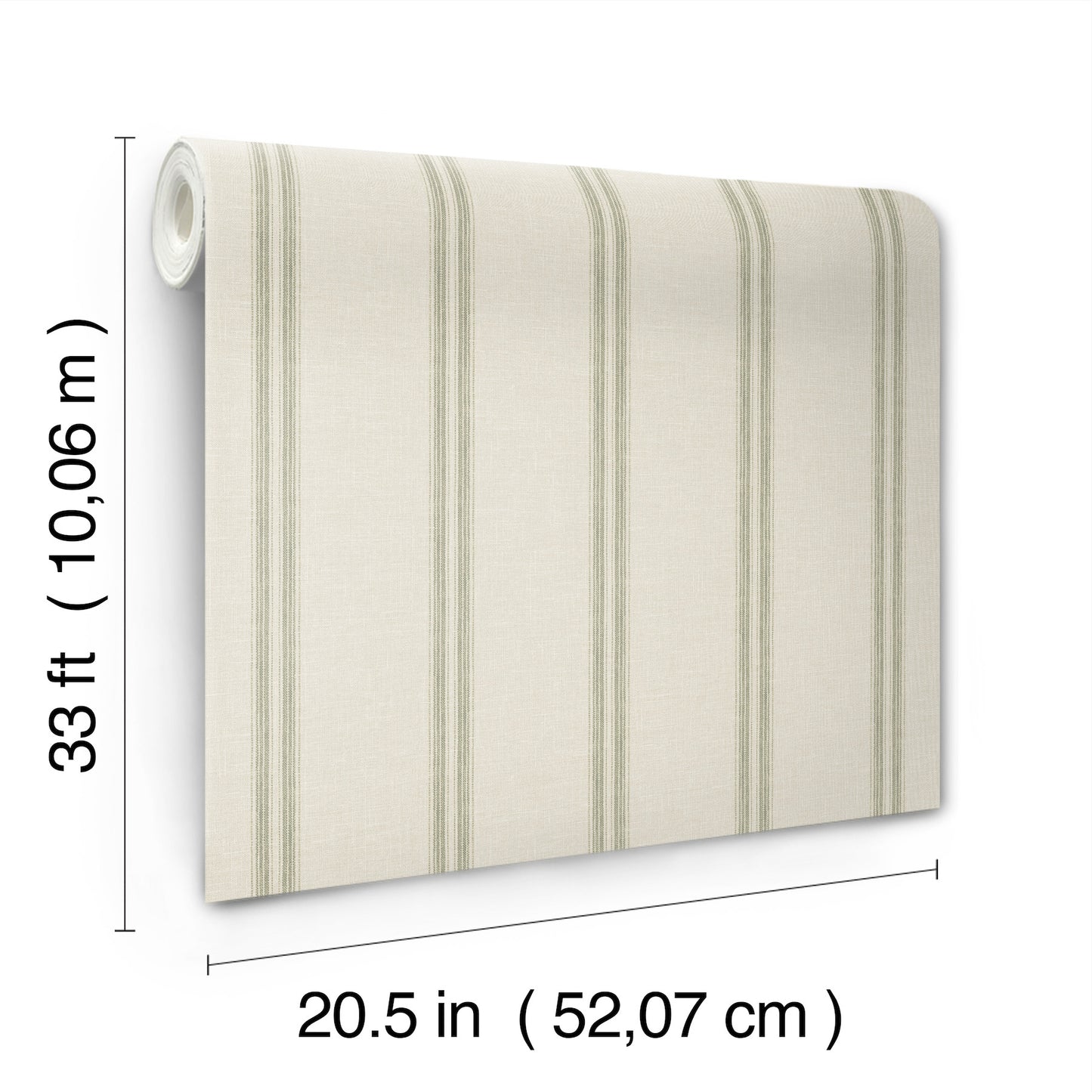 Cream wallpaper with subtle vertical green stripes, 20.5 in wide roll, rolled edge on left.