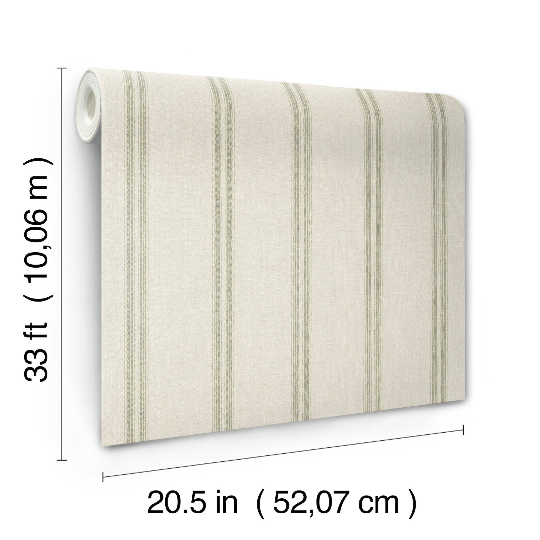Cream wallpaper with subtle vertical green stripes, 20.5 in wide roll, rolled edge on left.