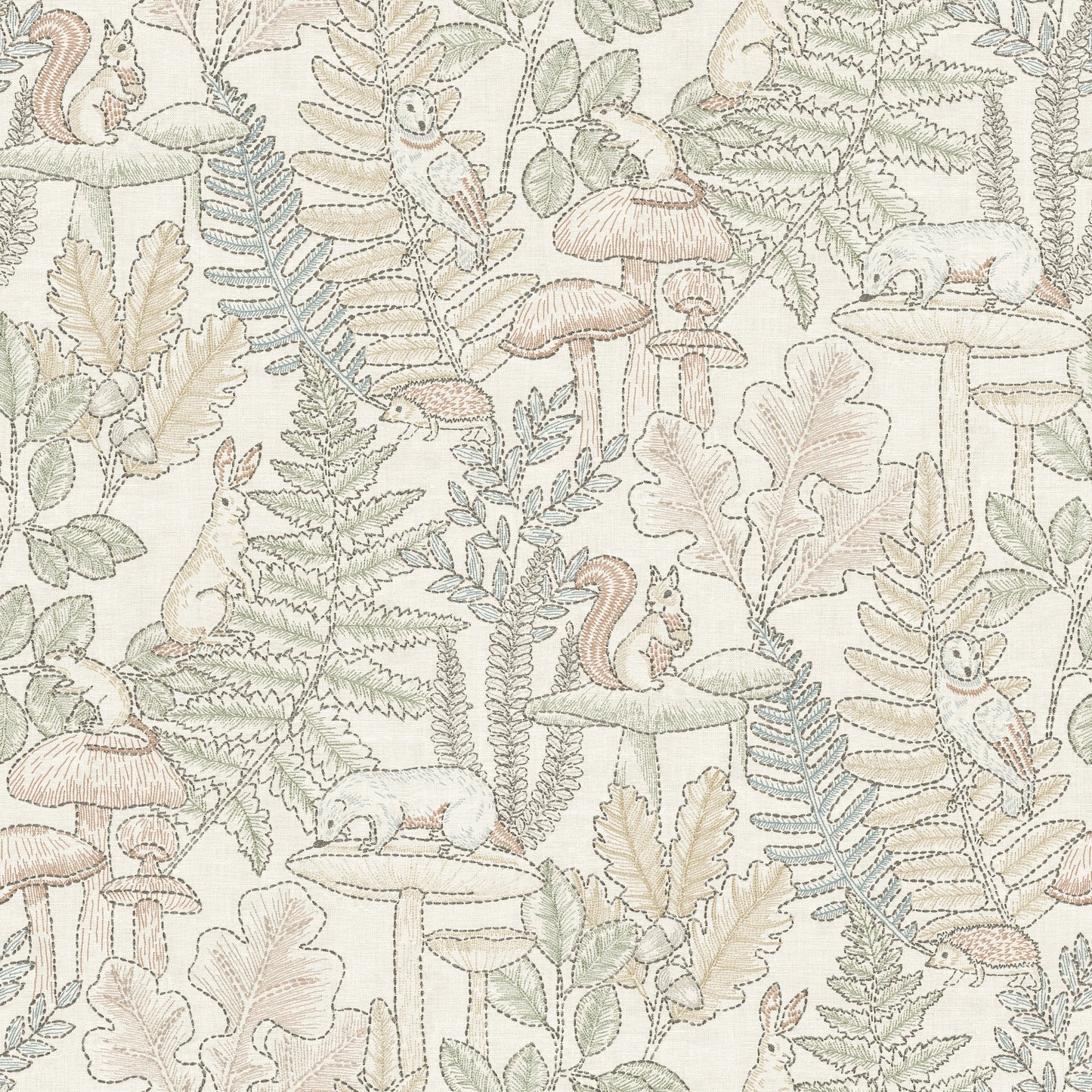 Pastel woodland wallpaper featuring squirrels, rabbits, mushrooms and ferns on a cream background.