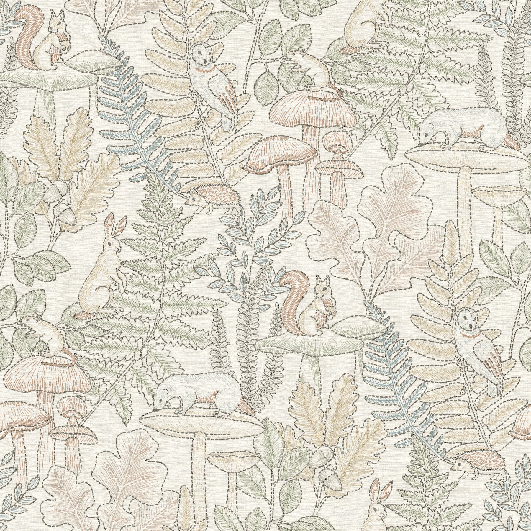 Pastel woodland wallpaper featuring squirrels, rabbits, mushrooms and ferns on a cream background.