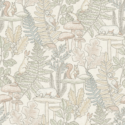 Pastel woodland wallpaper featuring squirrels, rabbits, mushrooms and ferns on a cream background.