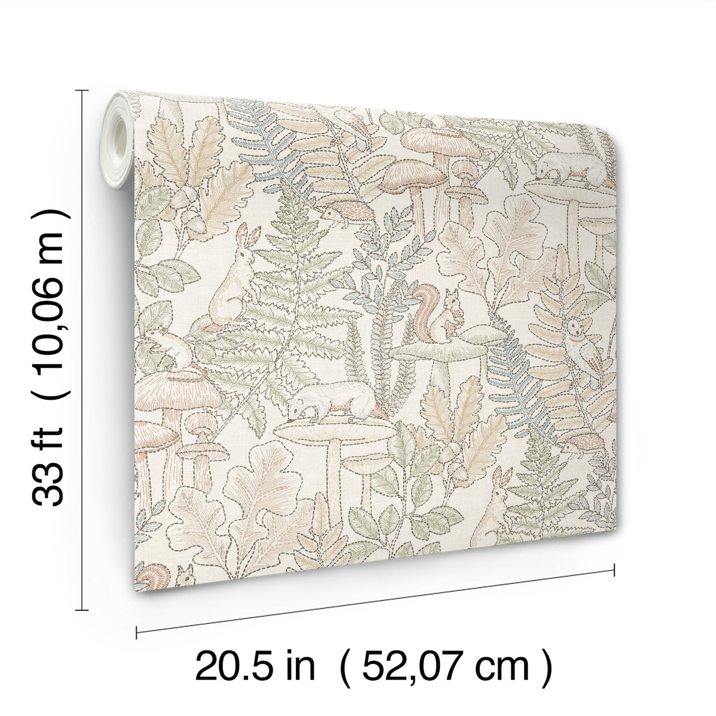 Rolled wallpaper with pastel botanical print (ferns & leaves) in cream, beige & sage; decorative wallcovering.