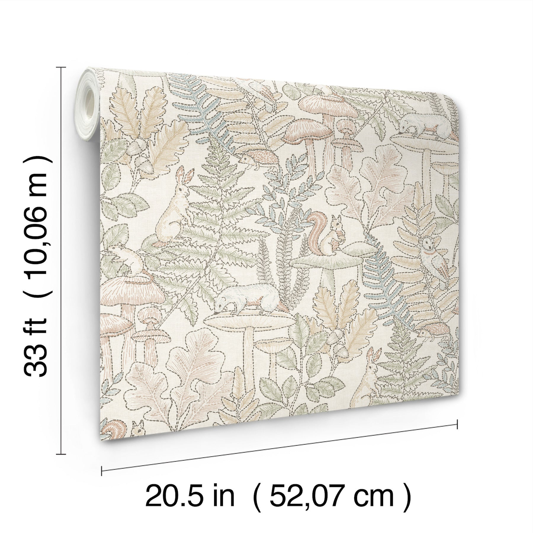 Rolled wallpaper with pastel botanical print (ferns & leaves) in cream, beige & sage; decorative wallcovering.