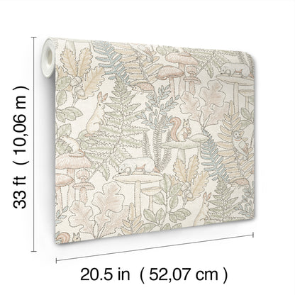 Rolled wallpaper with pastel botanical print (ferns & leaves) in cream, beige & sage; decorative wallcovering.