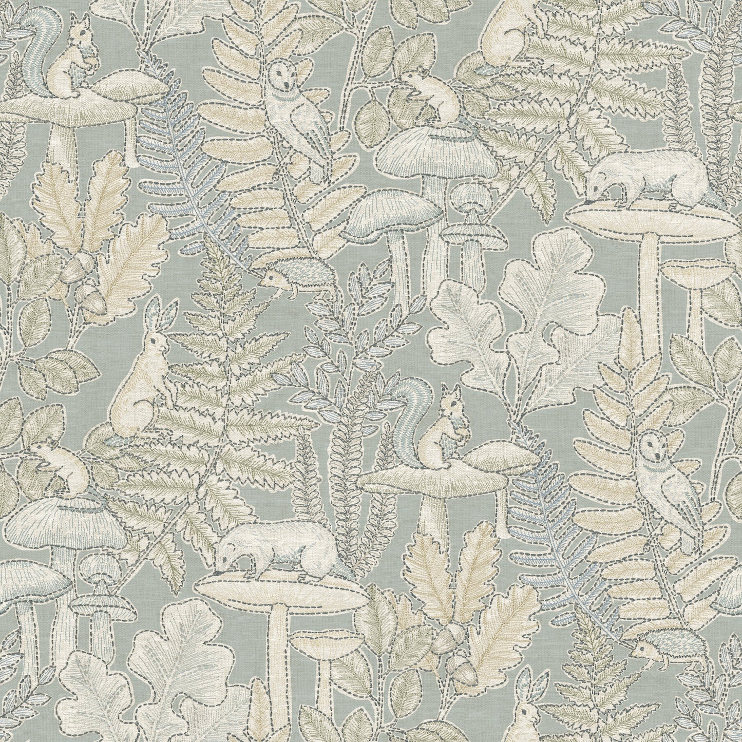 Pastel blue-green wallpaper with a cream woodland motif featuring squirrels on mushrooms among ferns in a botanical jacquard pattern.