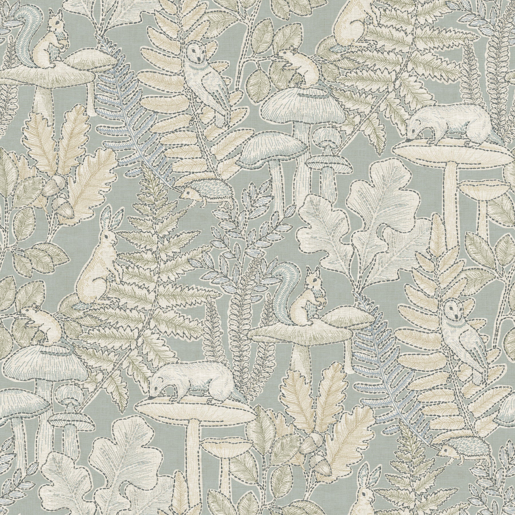 Pastel blue-green wallpaper with a cream woodland motif featuring squirrels on mushrooms among ferns in a botanical jacquard pattern.