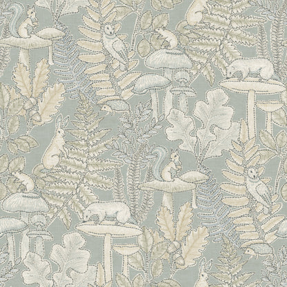 Pastel blue-green wallpaper with a cream woodland motif featuring squirrels on mushrooms among ferns in a botanical jacquard pattern.