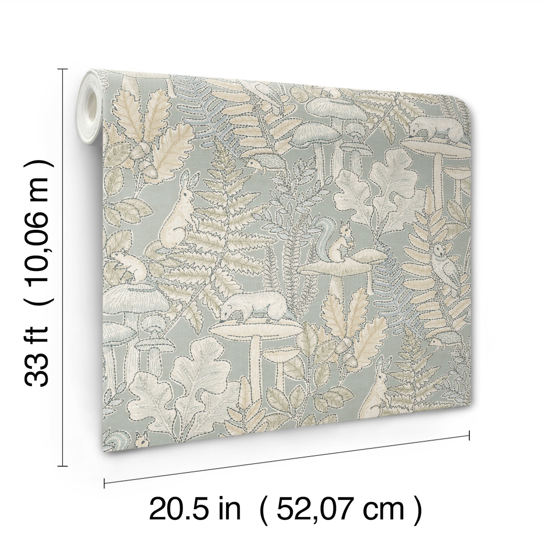 Blue-gray wallpaper roll with cream woodland motif: ferns, mushrooms and small animals; botanical, classic style, 20.5 in x 33 ft.