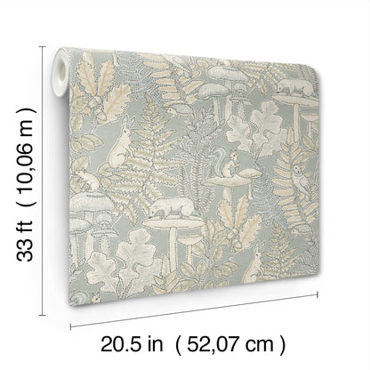Blue-gray wallpaper roll with cream woodland motif: ferns, mushrooms and small animals; botanical, classic style, 20.5 in x 33 ft.
