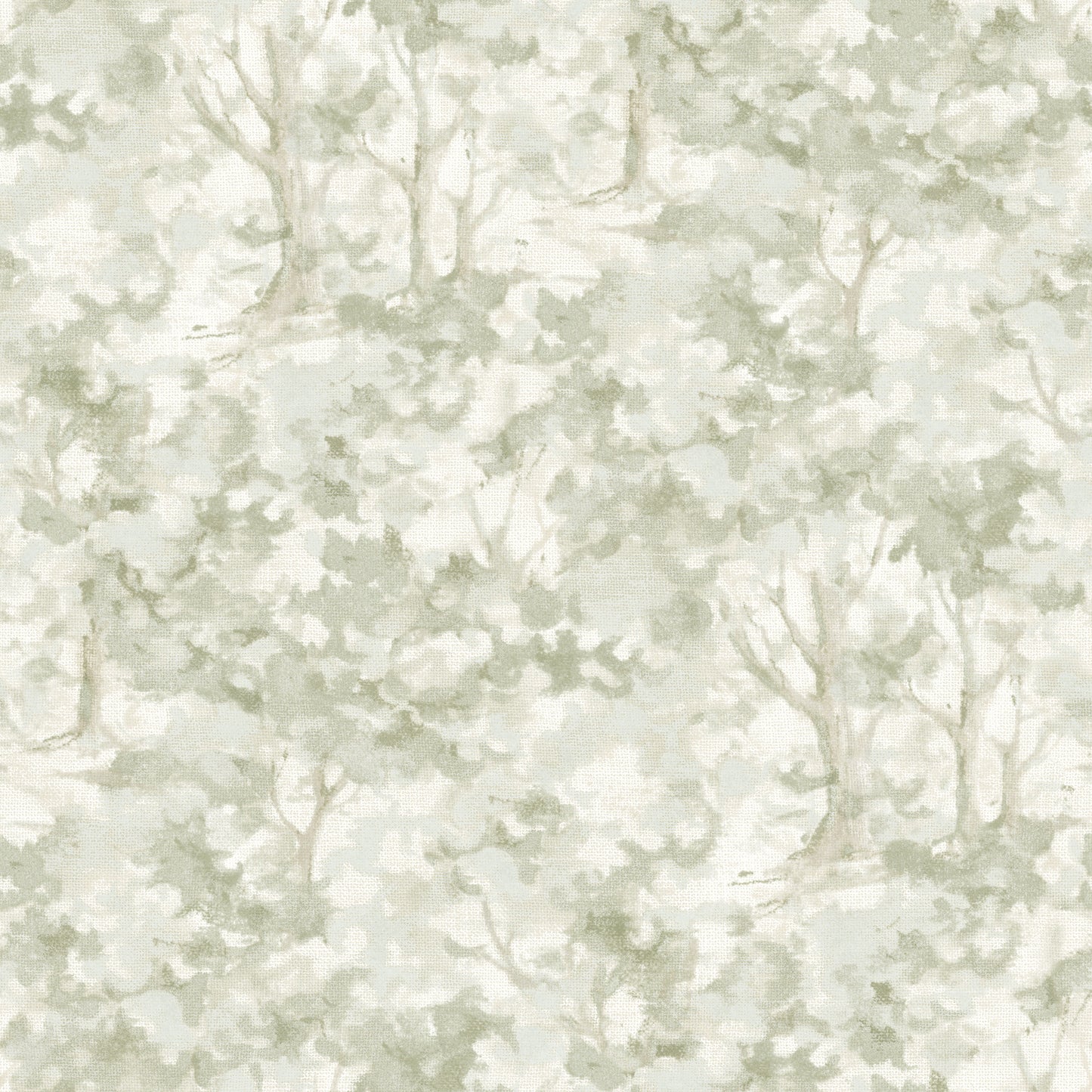 Muted sage-green wallpaper with soft watercolor tree silhouettes for a woodland look.