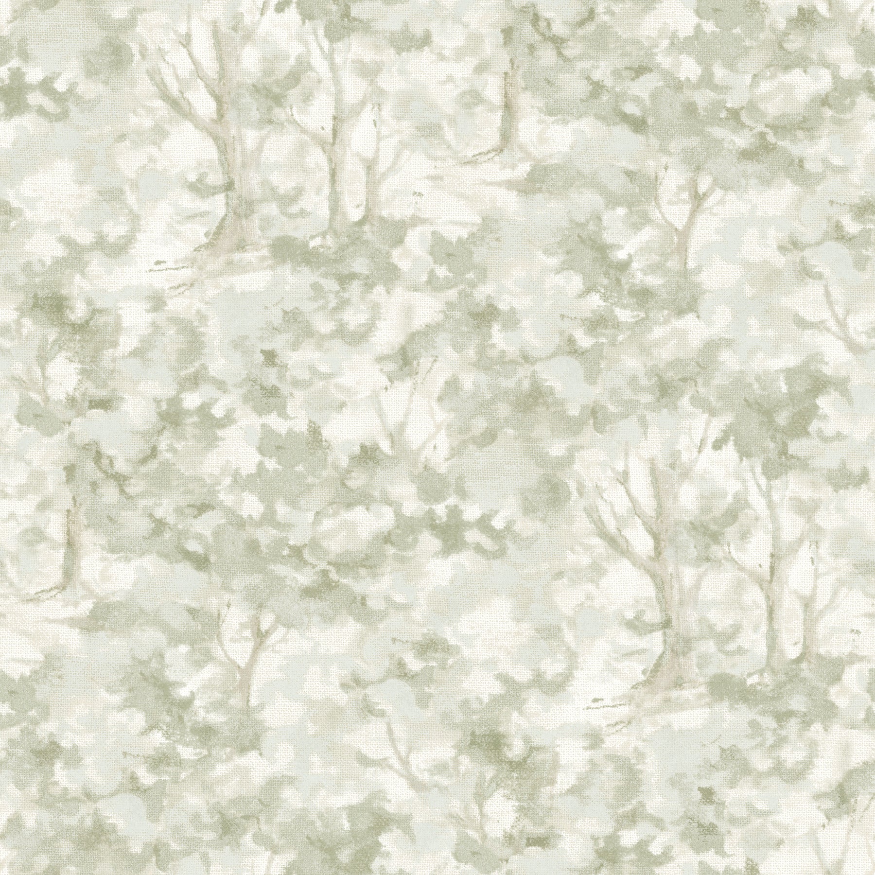 Muted sage-green wallpaper with soft watercolor tree silhouettes for a woodland look.