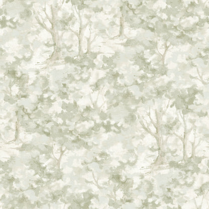 Muted sage-green wallpaper with soft watercolor tree silhouettes for a woodland look.
