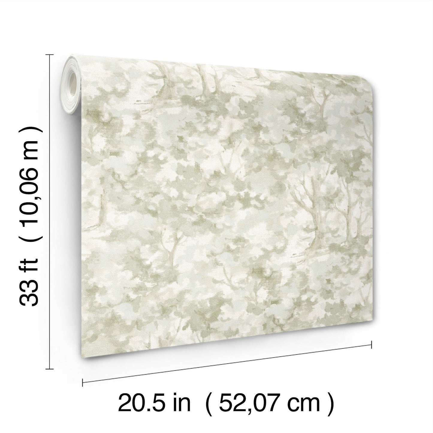 Neutral beige forest-pattern wallpaper roll with cream background; 20.5 in x 33 ft (52.07 cm x 10.06 m)