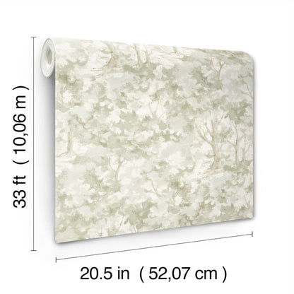 Neutral beige forest-pattern wallpaper roll with cream background; 20.5 in x 33 ft (52.07 cm x 10.06 m)