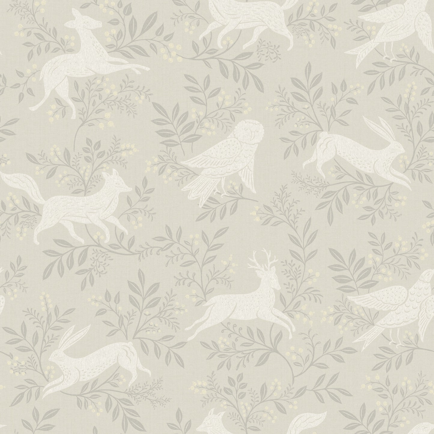 Beige wallpaper with pale white woodland animals (rabbits, deer, birds) and gray botanical foliage.