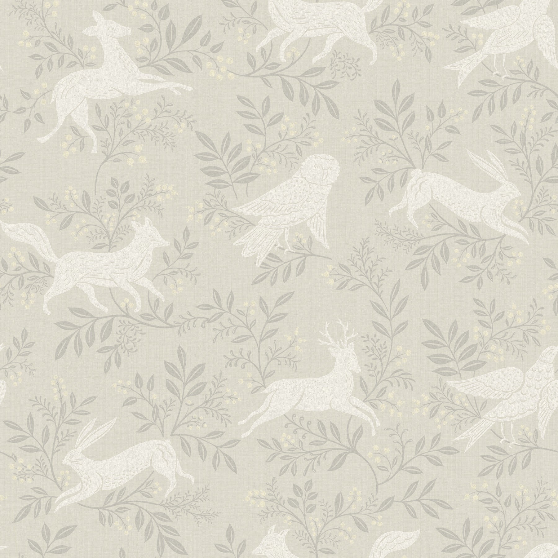 Beige wallpaper with pale white woodland animals (rabbits, deer, birds) and gray botanical foliage.
