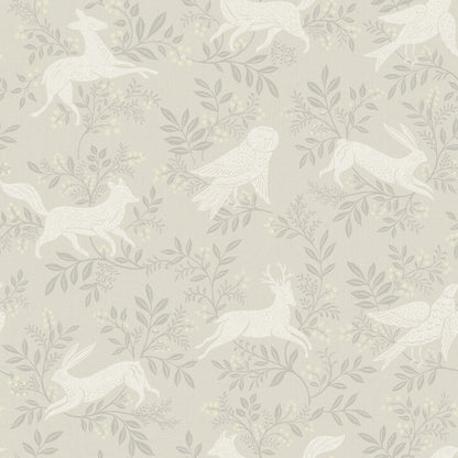 Beige wallpaper with pale white woodland animals (rabbits, deer, birds) and gray botanical foliage.