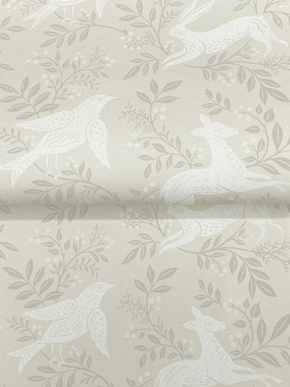 Taupe wallpaper with pale white swallow silhouettes perched among leafy branches.