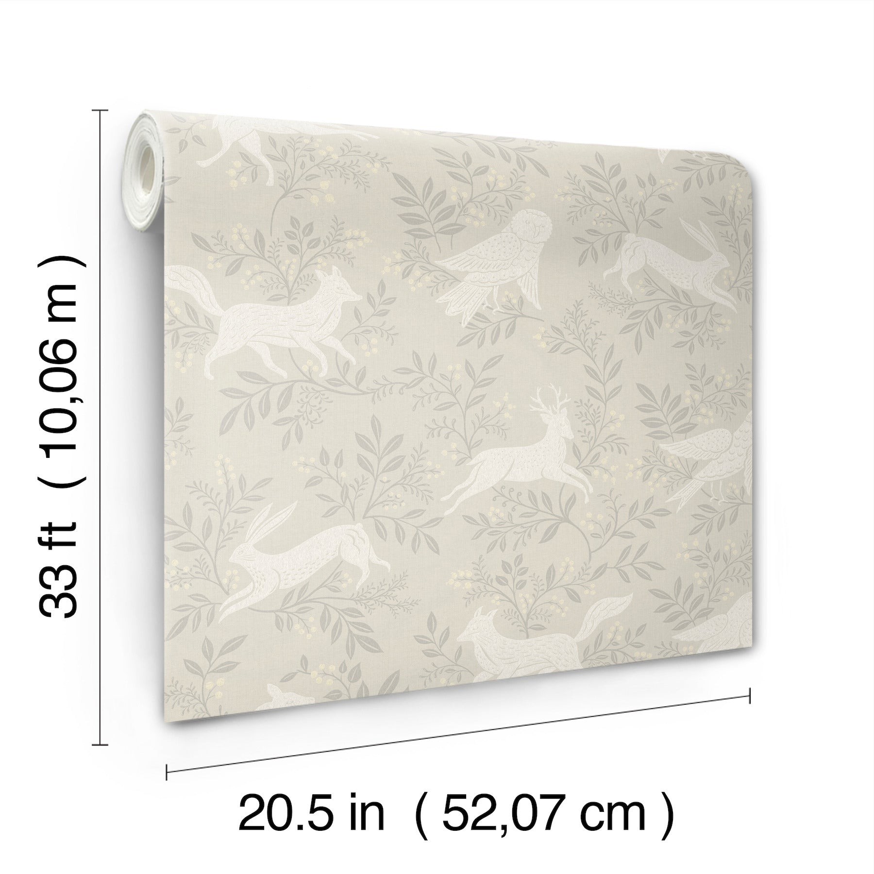 Beige wallpaper roll with white birds among leaves; leafy pattern, 20.5 in wide, 33 ft long.