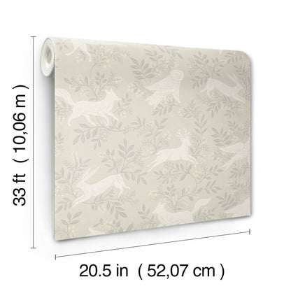 Beige wallpaper roll with white birds among leaves; leafy pattern, 20.5 in wide, 33 ft long.