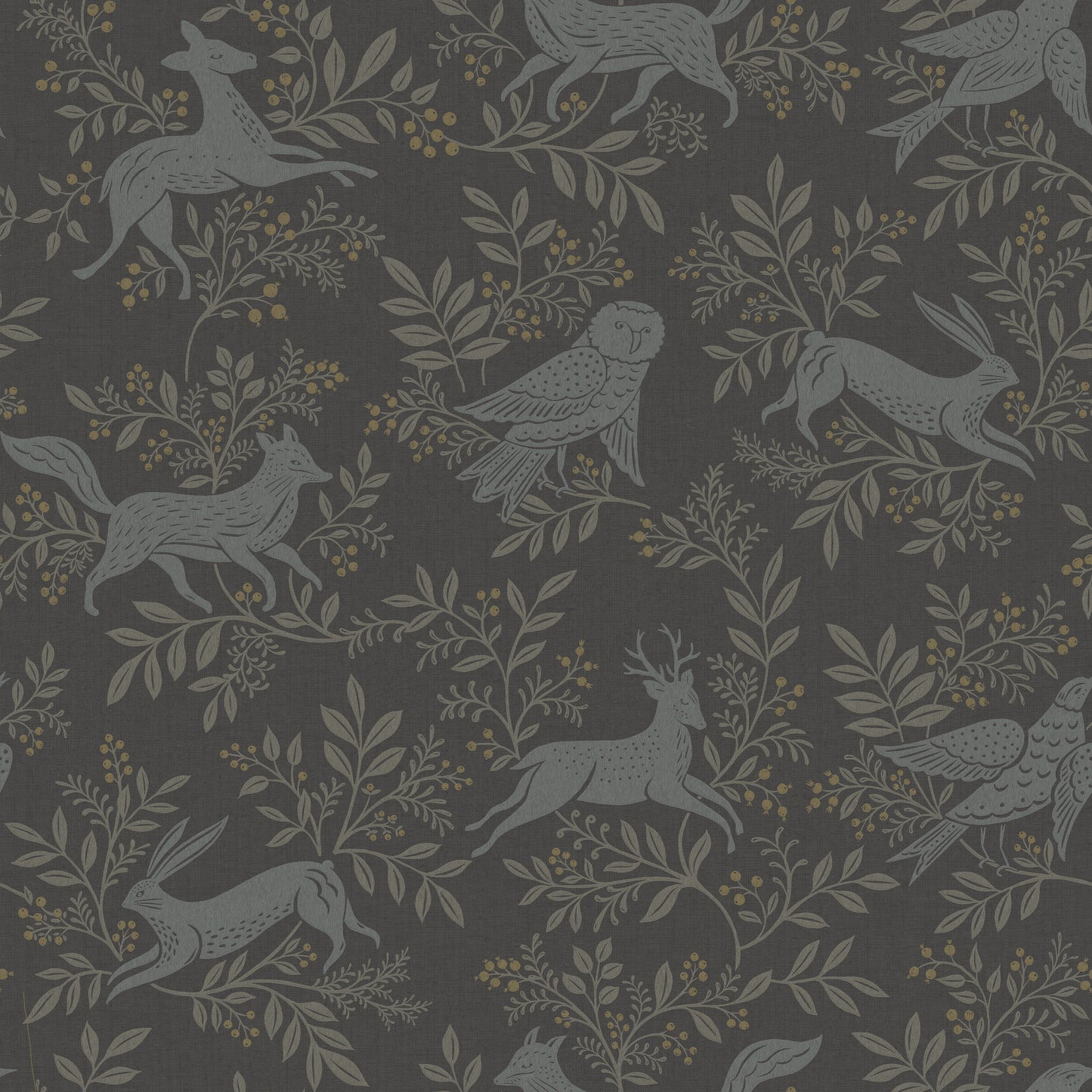 Charcoal wallpaper featuring blue-gray woodland animals (deer, rabbit, owl) and pale leaves with yellow berries.