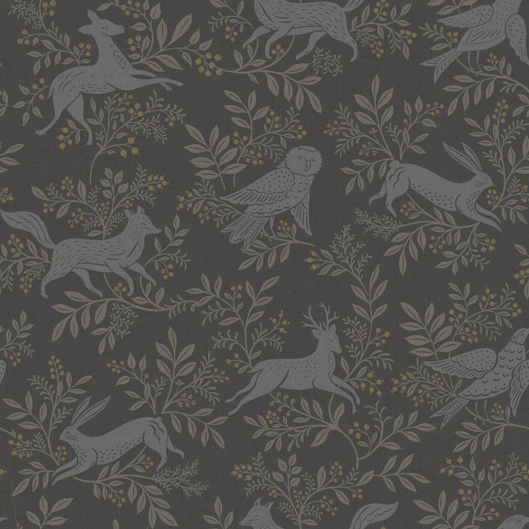 Charcoal wallpaper featuring blue-gray woodland animals (deer, rabbit, owl) and pale leaves with yellow berries.