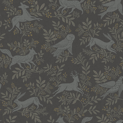Charcoal wallpaper featuring blue-gray woodland animals (deer, rabbit, owl) and pale leaves with yellow berries.