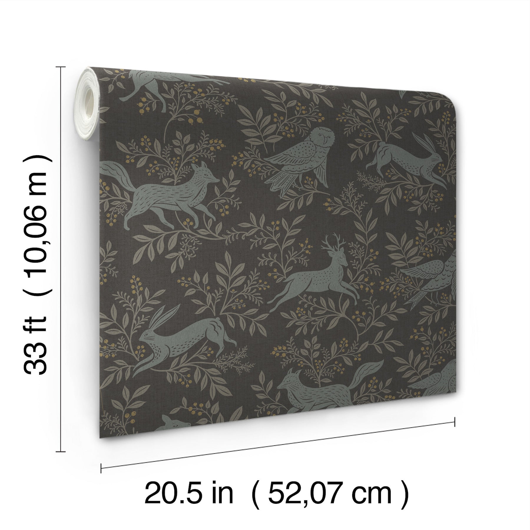 Rolled wallpaper with muted gray-blue birds among tan branches on a charcoal background; 20.5 in wide, 33 ft long.