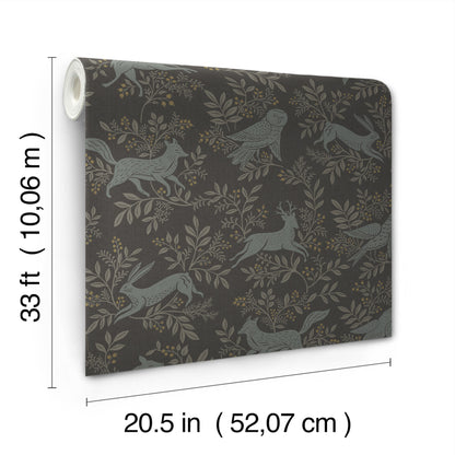 Rolled wallpaper with muted gray-blue birds among tan branches on a charcoal background; 20.5 in wide, 33 ft long.