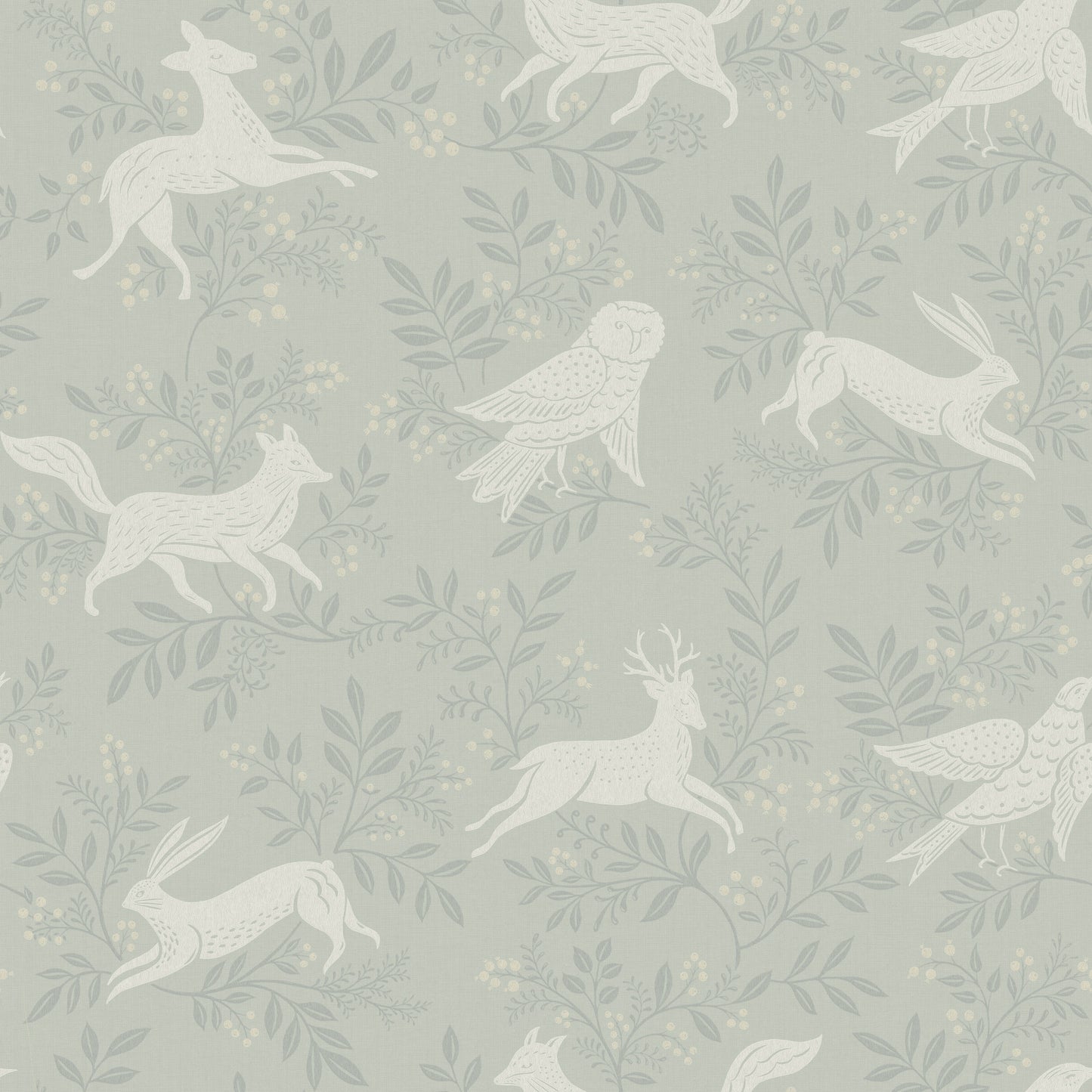 Soft sage wallpaper with white woodland animals: deer, hares, and birds among pale leaves and berries.
