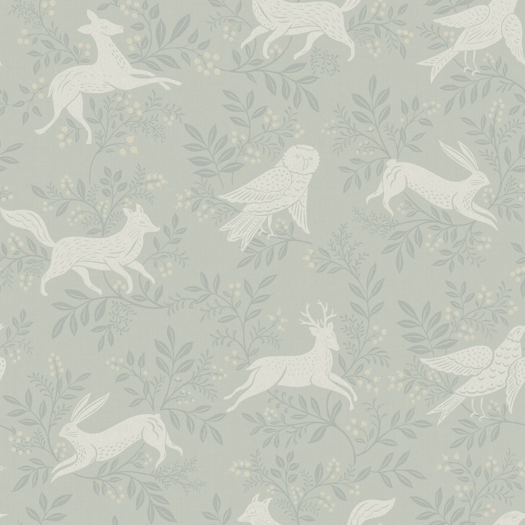 Soft sage wallpaper with white woodland animals: deer, hares, and birds among pale leaves and berries.