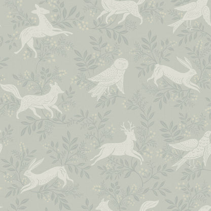 Soft sage wallpaper with white woodland animals: deer, hares, and birds among pale leaves and berries.