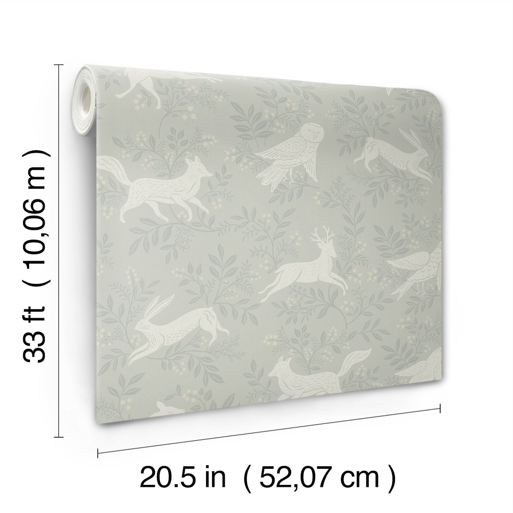 Roll of wallpaper with pale grey-green background and white woodland motif (deer, birds, foliage); 20.5 in wide x 33 ft long
