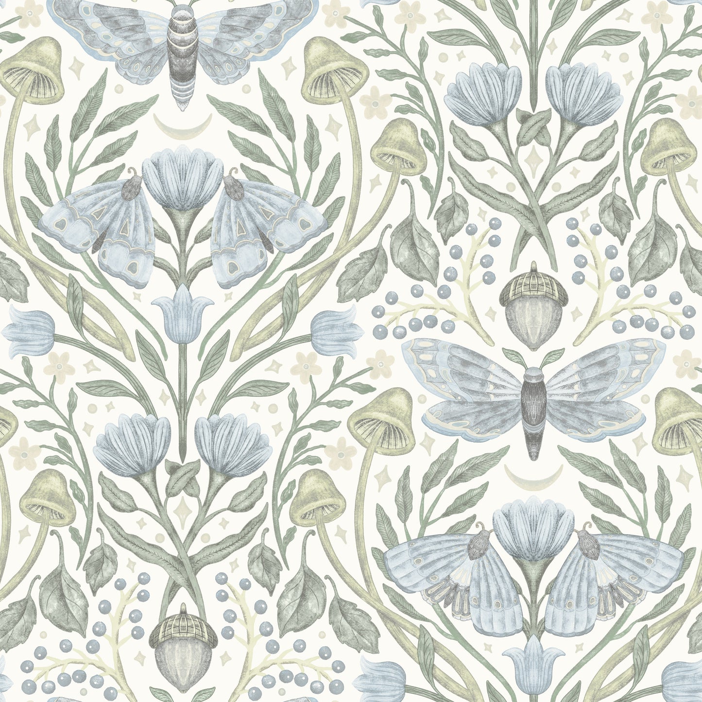 Pastel botanical wallpaper with pale blue moths, blossoms, mushrooms, and curling green vines in nature-inspired pattern.