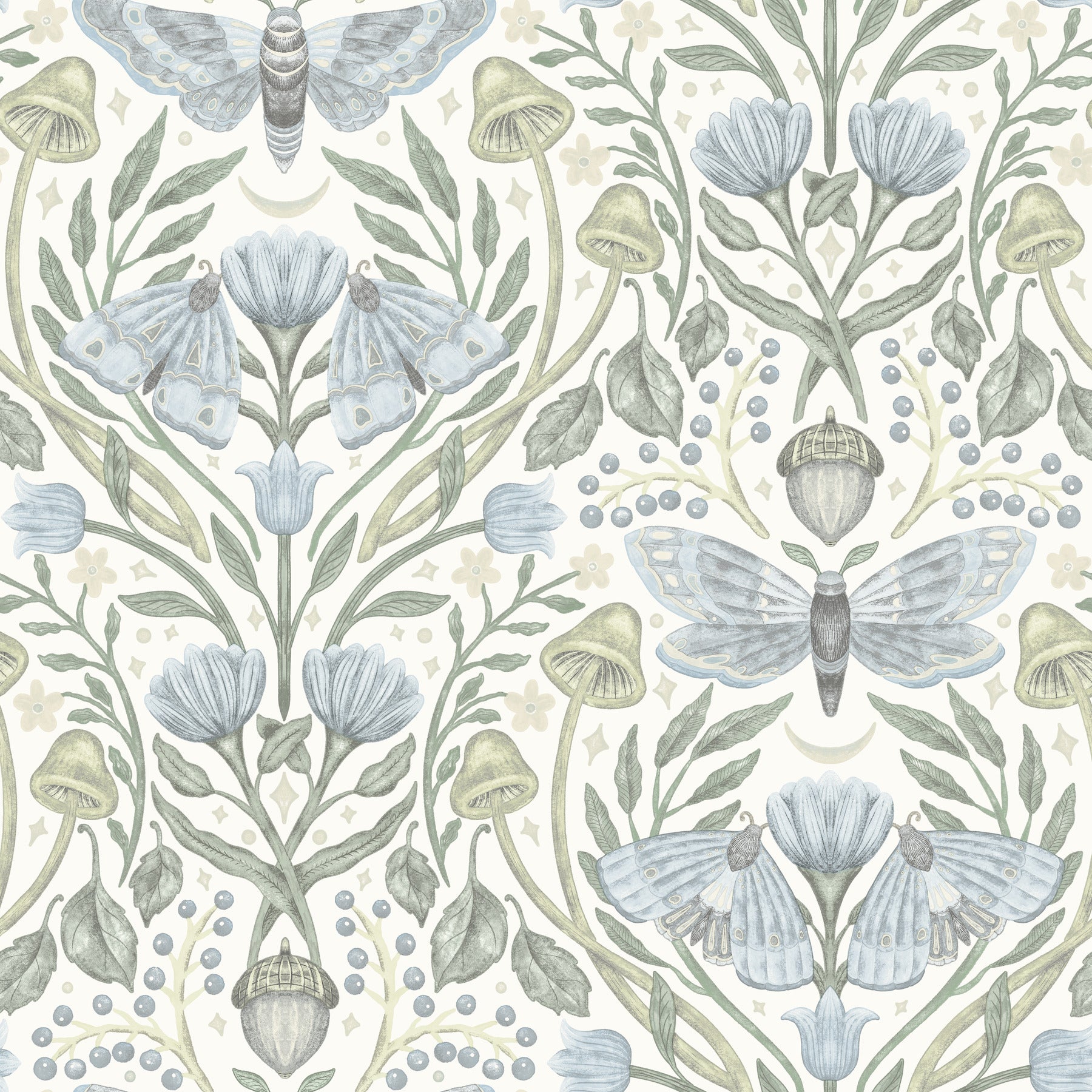Pastel botanical wallpaper with pale blue moths, blossoms, mushrooms, and curling green vines in nature-inspired pattern.