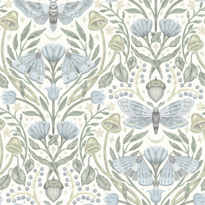 Pastel botanical wallpaper with pale blue moths, blossoms, mushrooms, and curling green vines in nature-inspired pattern.